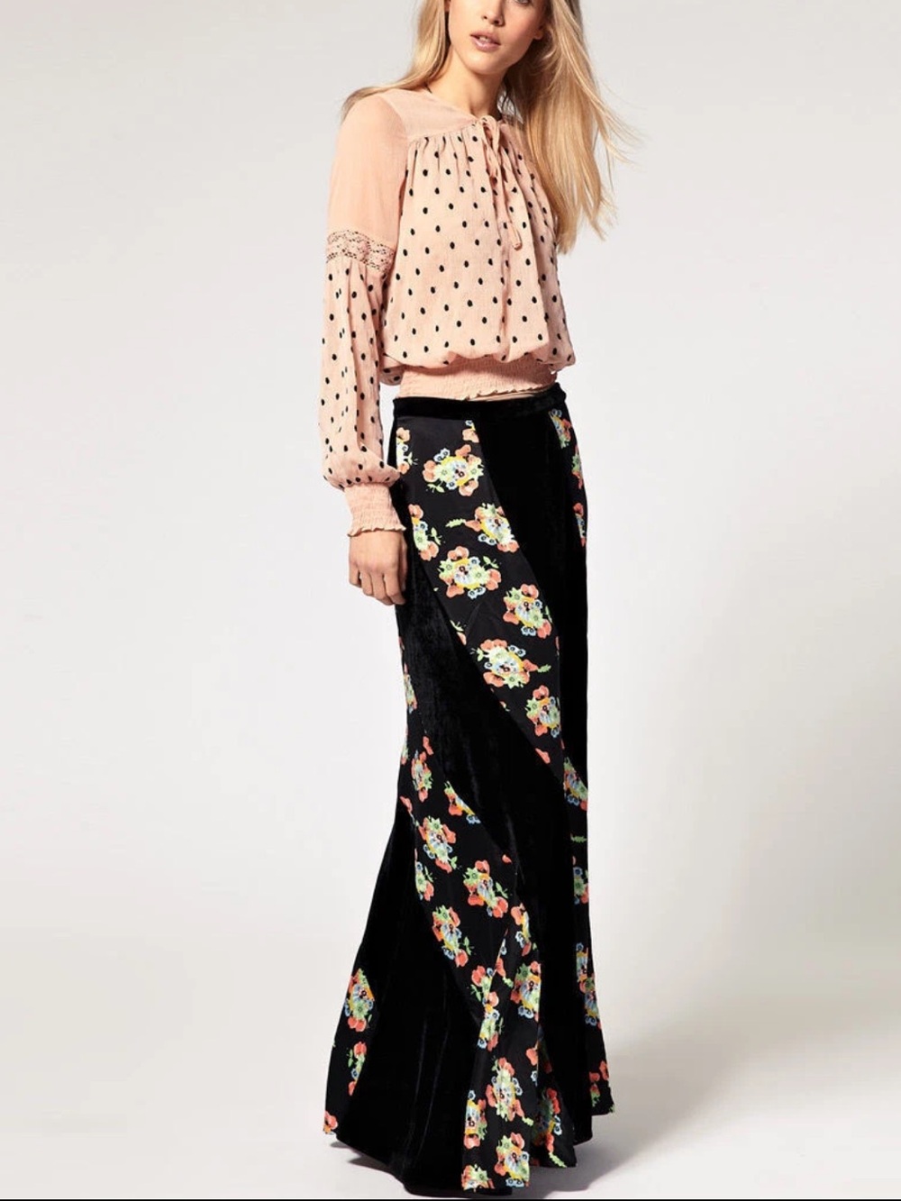 Free People Twisted Velvet & Satin Floral Maxi Skirt - Size 8